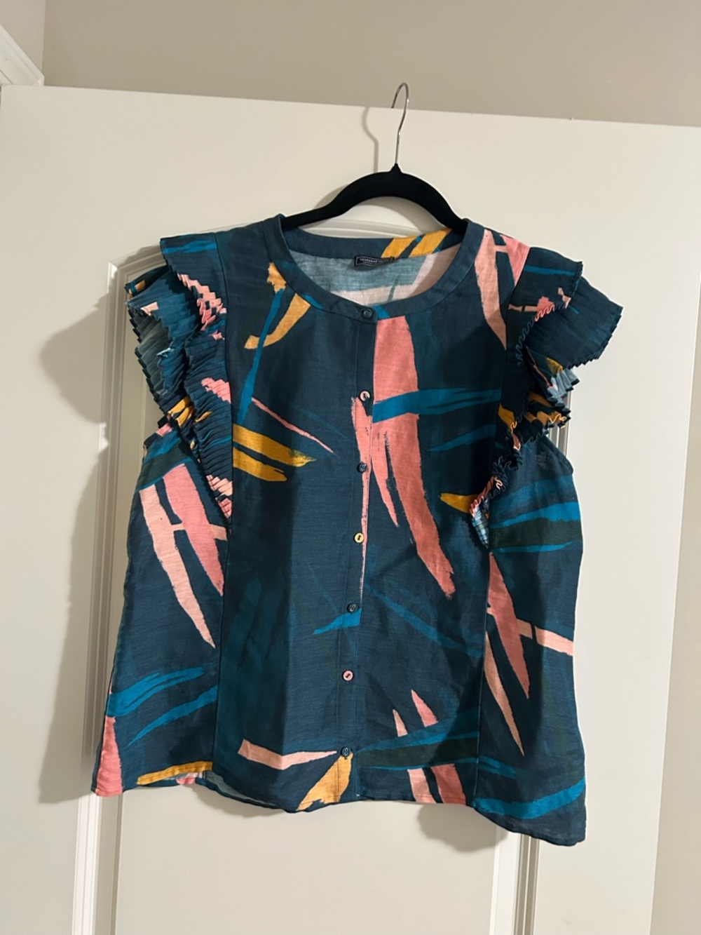 Vineyard Vines Teal Abstract Button-Front Top with Pink and Mustard Accents